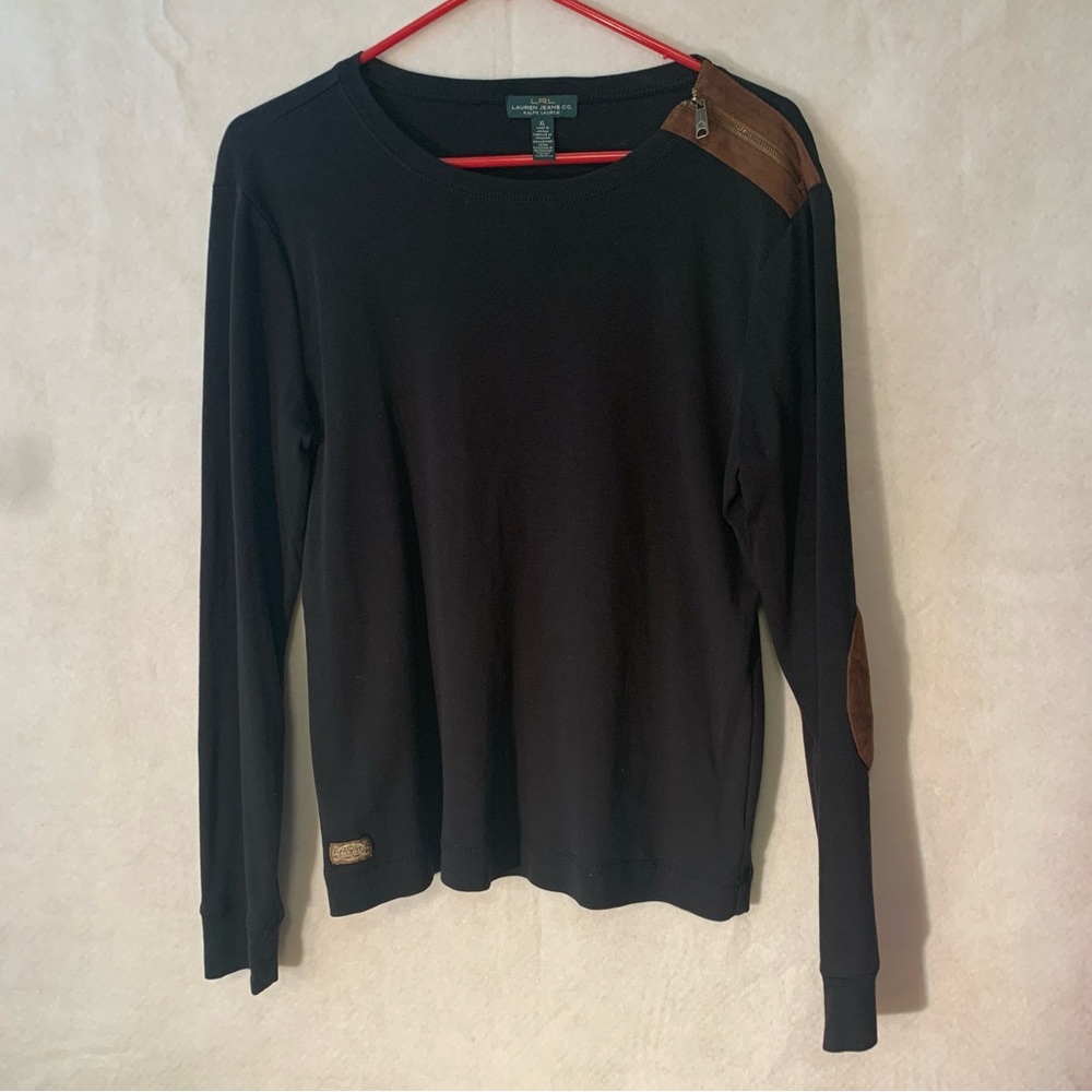 LAUREN RALPH LAUREN Jeans womens black sweater with brown elbow patch size XL